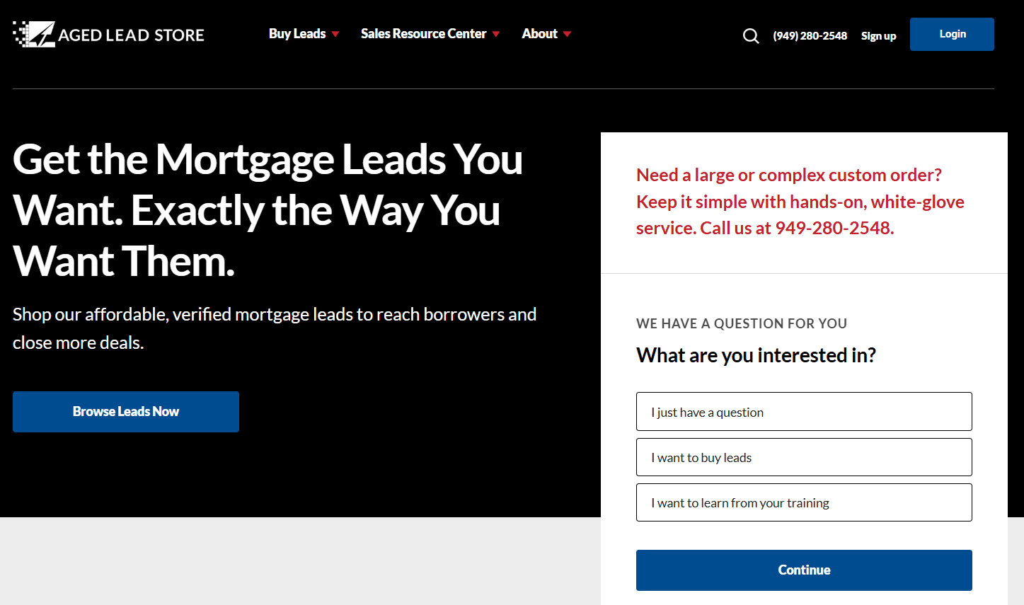 Aged Lead Store page, a website where you can purchase mortgage leads