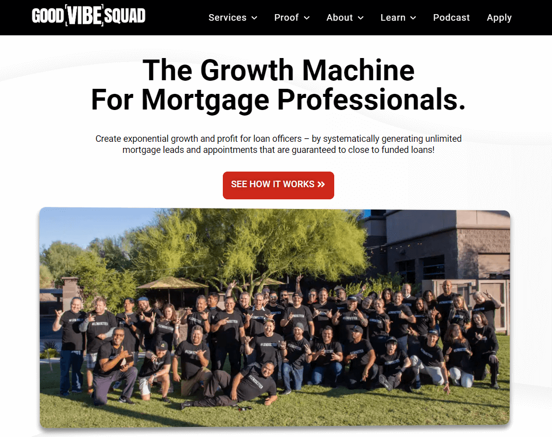 Good Vibe Squad homepage, a mortgage lead generation company offering exclusive mortgage leads