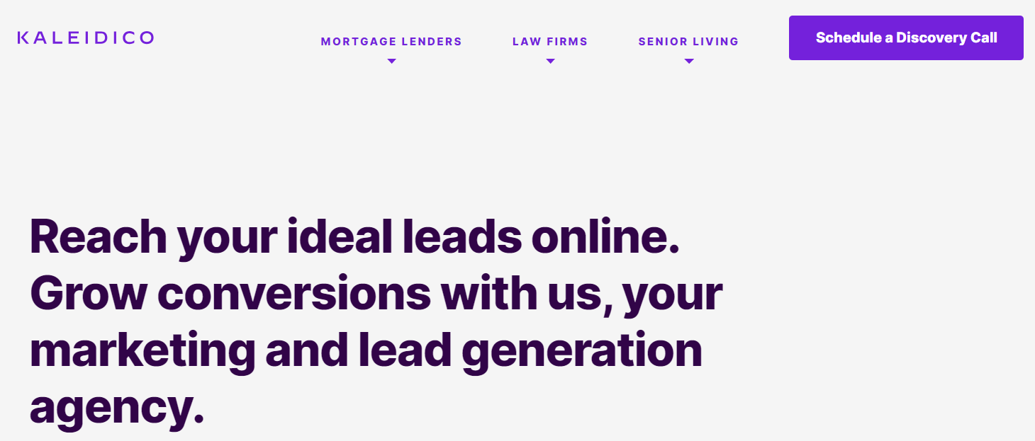 Kaleidico homepage, a digital marketing agency that sells qualified mortgage leads