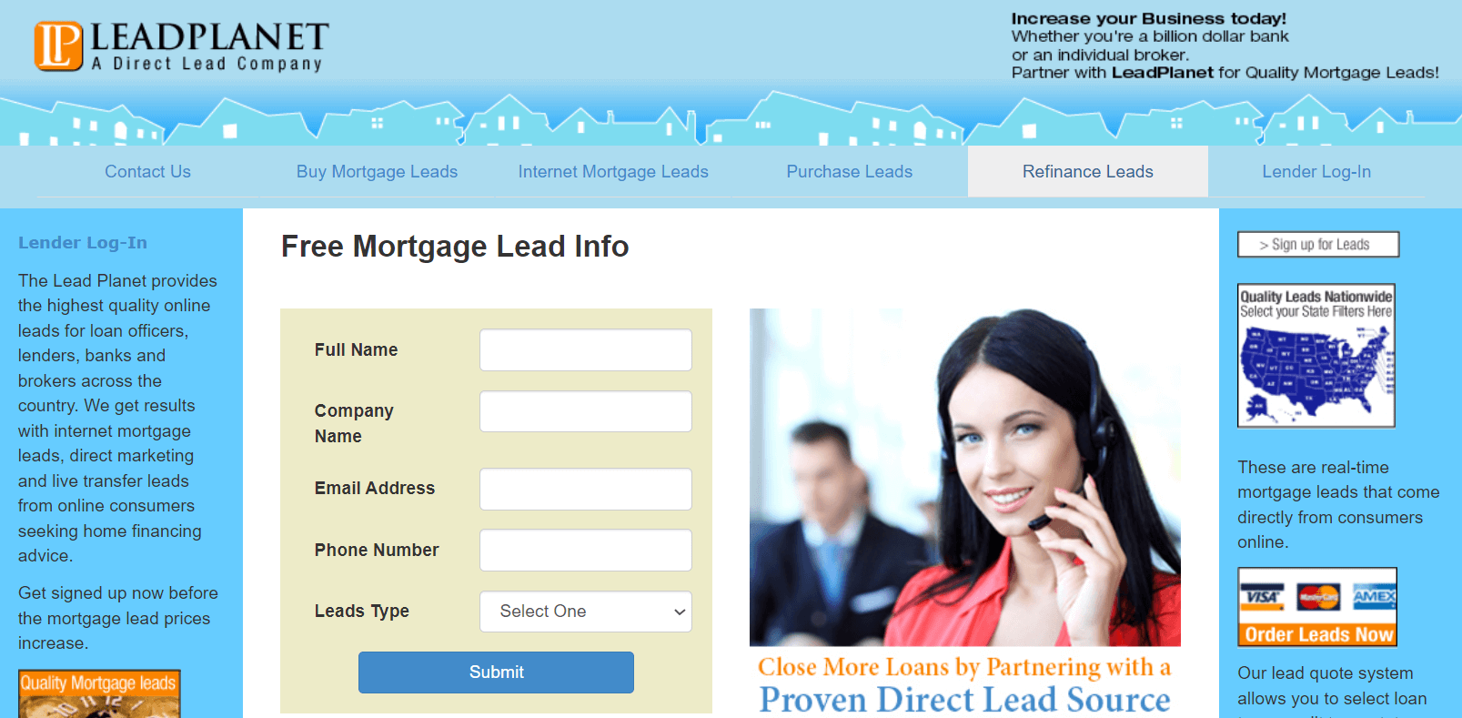LeadPlanet homepage, a mortgage lead seller