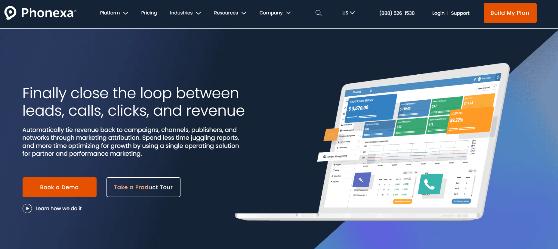 Phonexa homepage showcasing its performance marketing platform, with headline messaging about connecting leads, calls, clicks, and revenue alongside a laptop displaying the platform’s analytics dashboard.