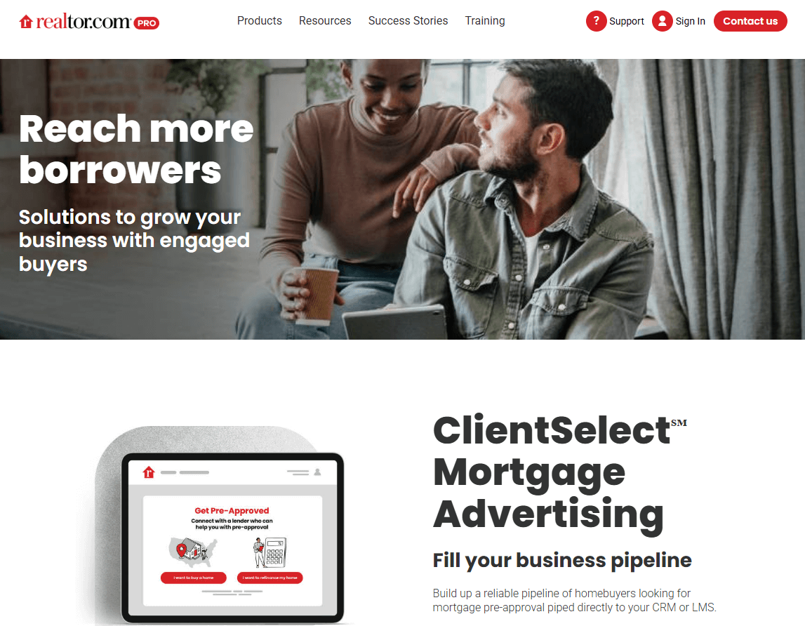 Realtor.com page, a website where you can purchase mortgage leads