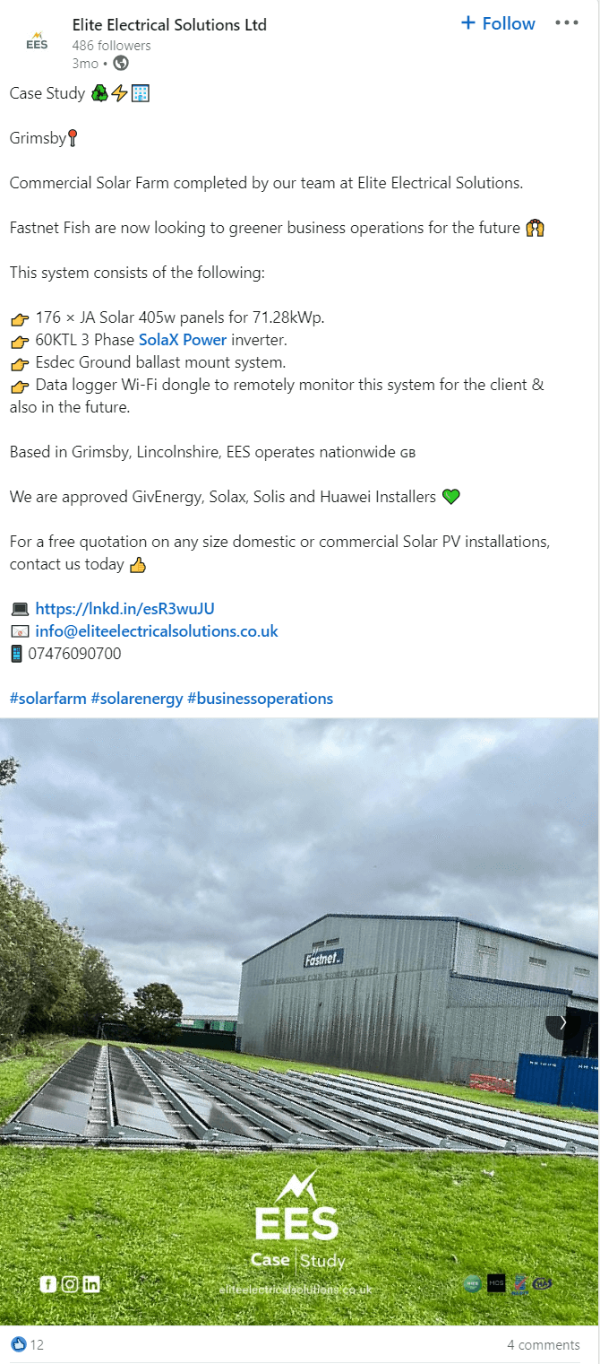 Elite Electrical Solutions case study announcement on LinkedIn, an example of LinkedIn marketing
