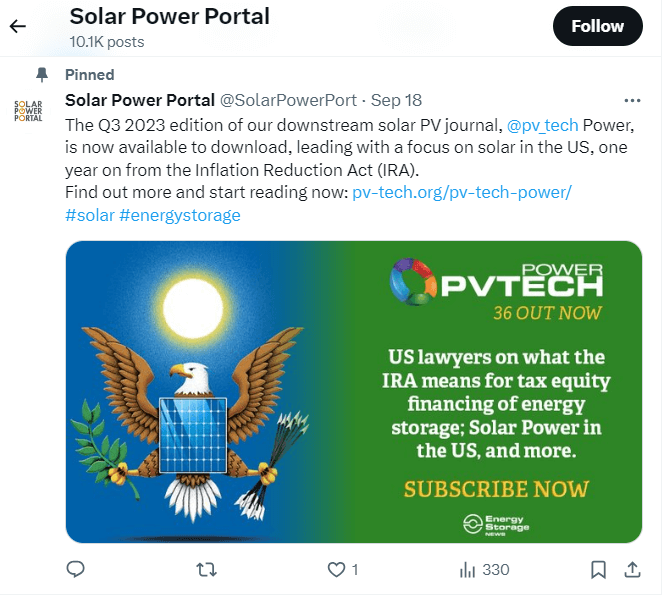 Solar Power Portal's marketing post on X
