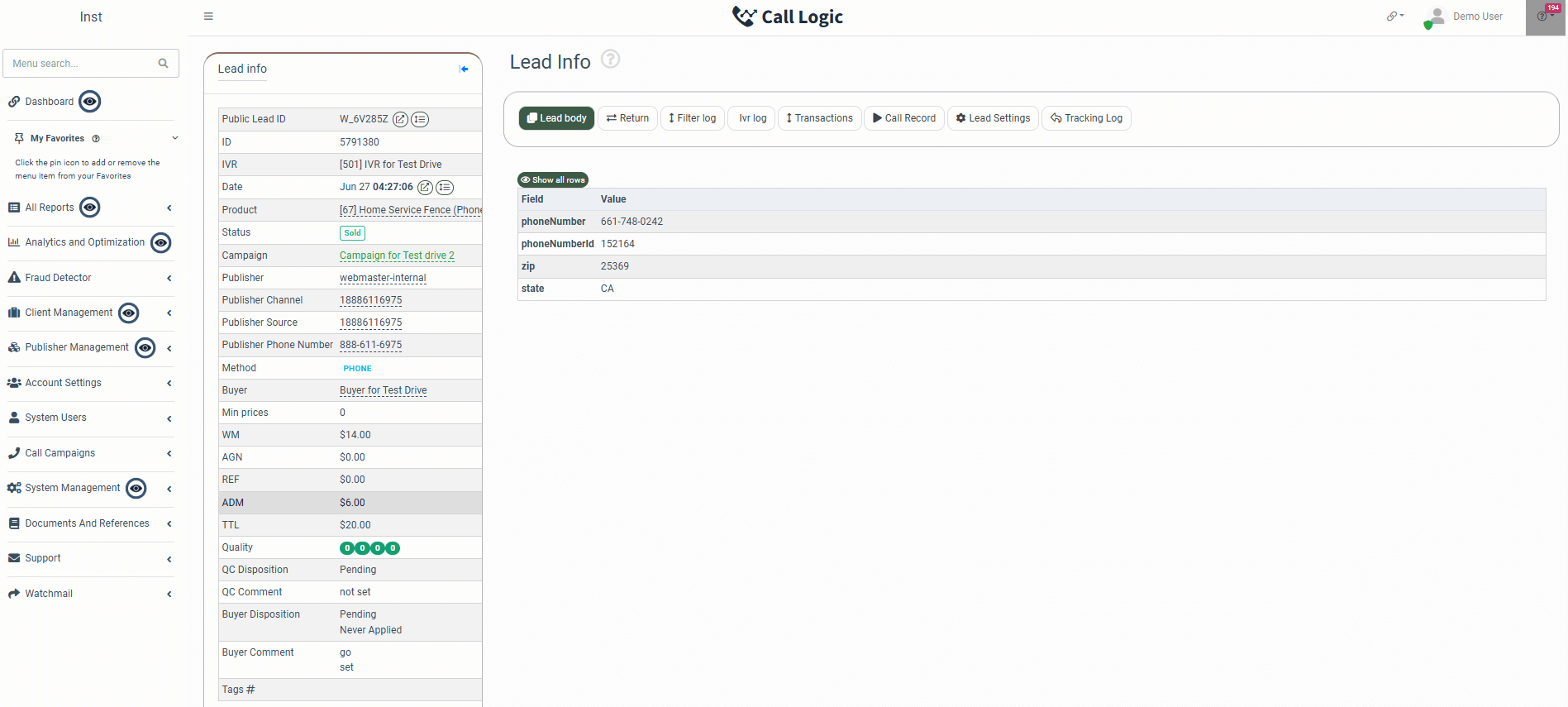 Overaching view of call lead insights in Call Logic