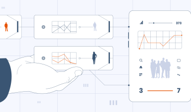 A human's hand measures publisher-related graphs to reveal a graph that unites indicators across several publishers